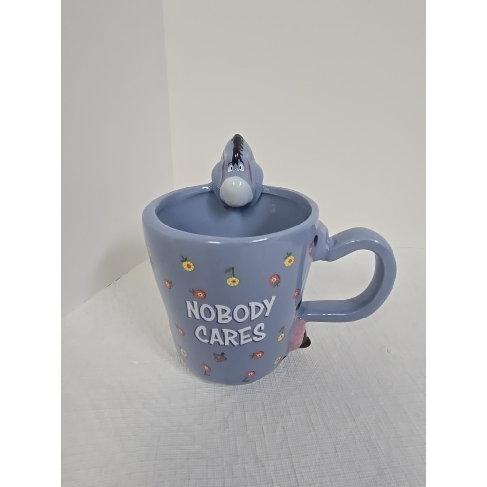Eeyore Coffee Mug "Nobody Cares" Floral Pastel‎ Blue Disney 3D Character NWT
